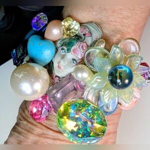 Wendy Gell one of a kind Wristy Adagio face Swarovski jewels leaves pearls